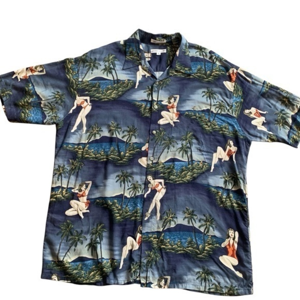 Vintage Pierre Cardin Hawaiian Shirt XL Rayon Pin Up Girl Island Print Aloha